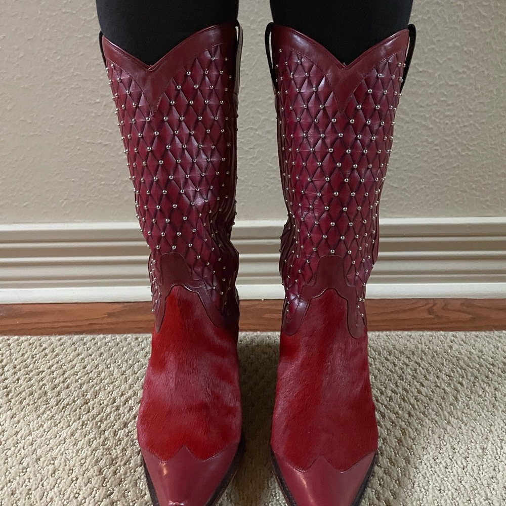 RARE Donald Pliner Ruby Red Hair On Hide Western Boots (8) - Picture 3 of 14